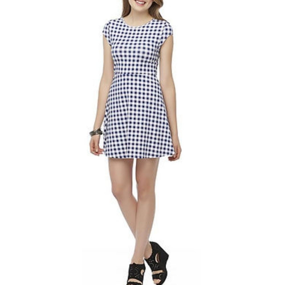 Bongo Cap Sleeve Gingham Skater Dress Blue & White Size M